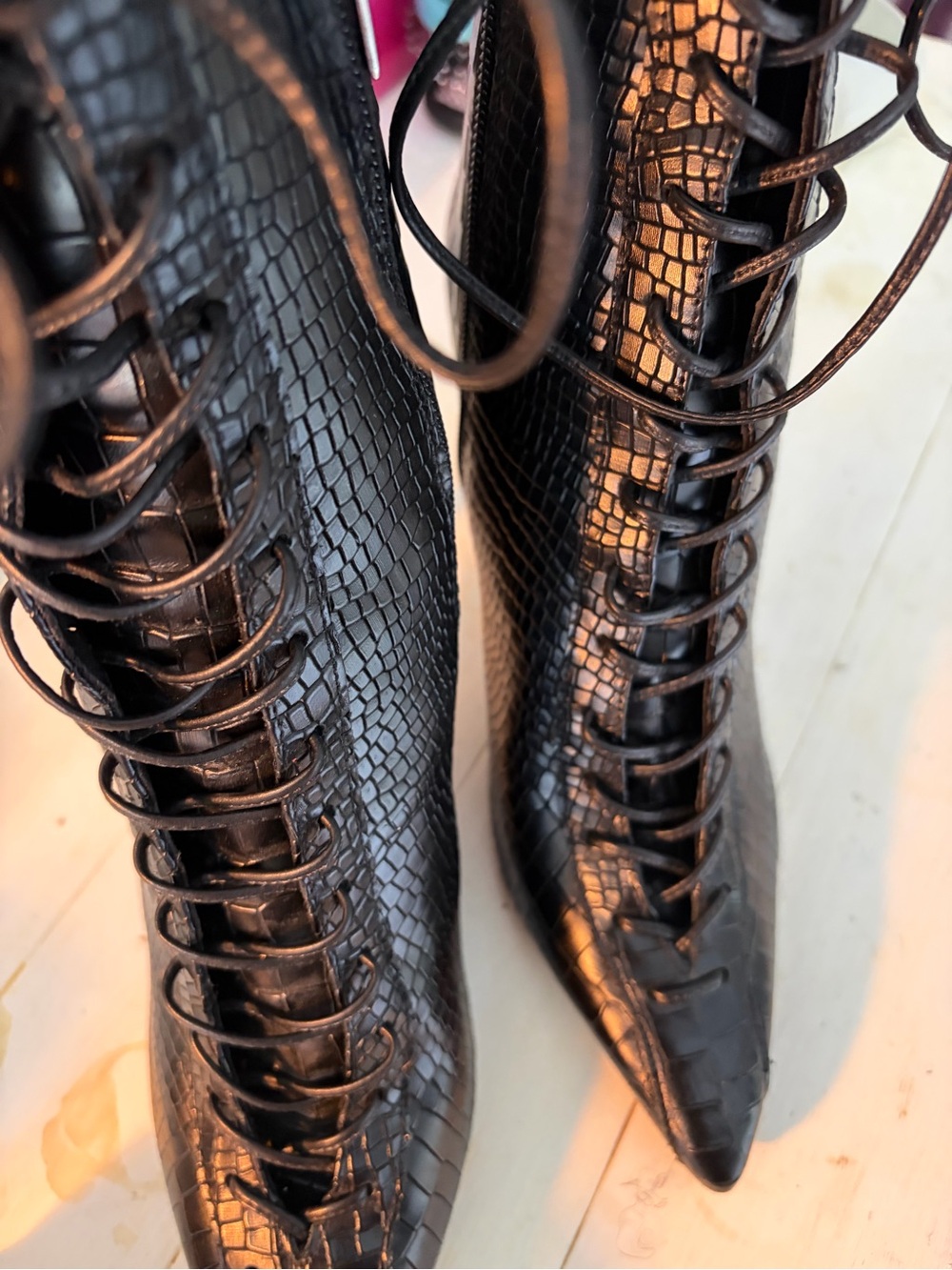 SCHUTZ Black Croc-Embossed Lace-Up Pointed Toe Heeled Boots